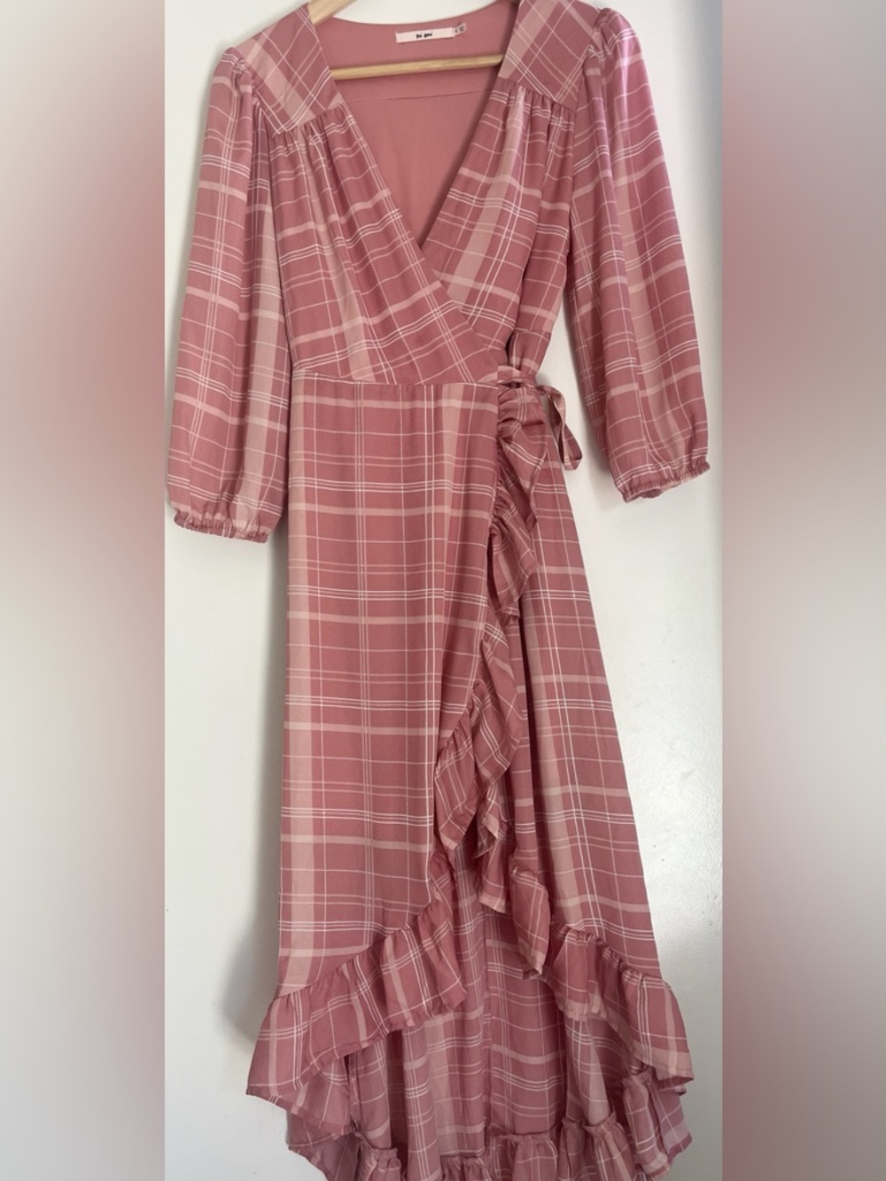Mi ami Plaid Wrap Dress with Ruffle High-Low Hem
